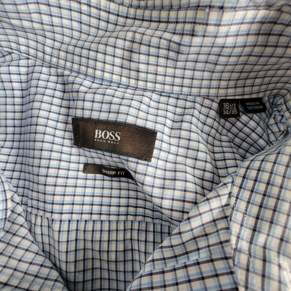 Boss Hugo Boss Mens Sharp Fit Checkered Long Sleeve Button-Up Dress Shirt 16.5 - Picture 3 of 9